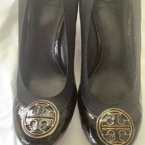 Tory Burch Shiny Black Wedges Like new!